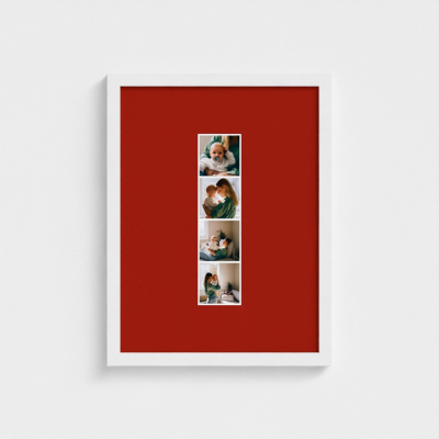 Framed Photo Strip with a red background featuring photos of a new mum and her baby